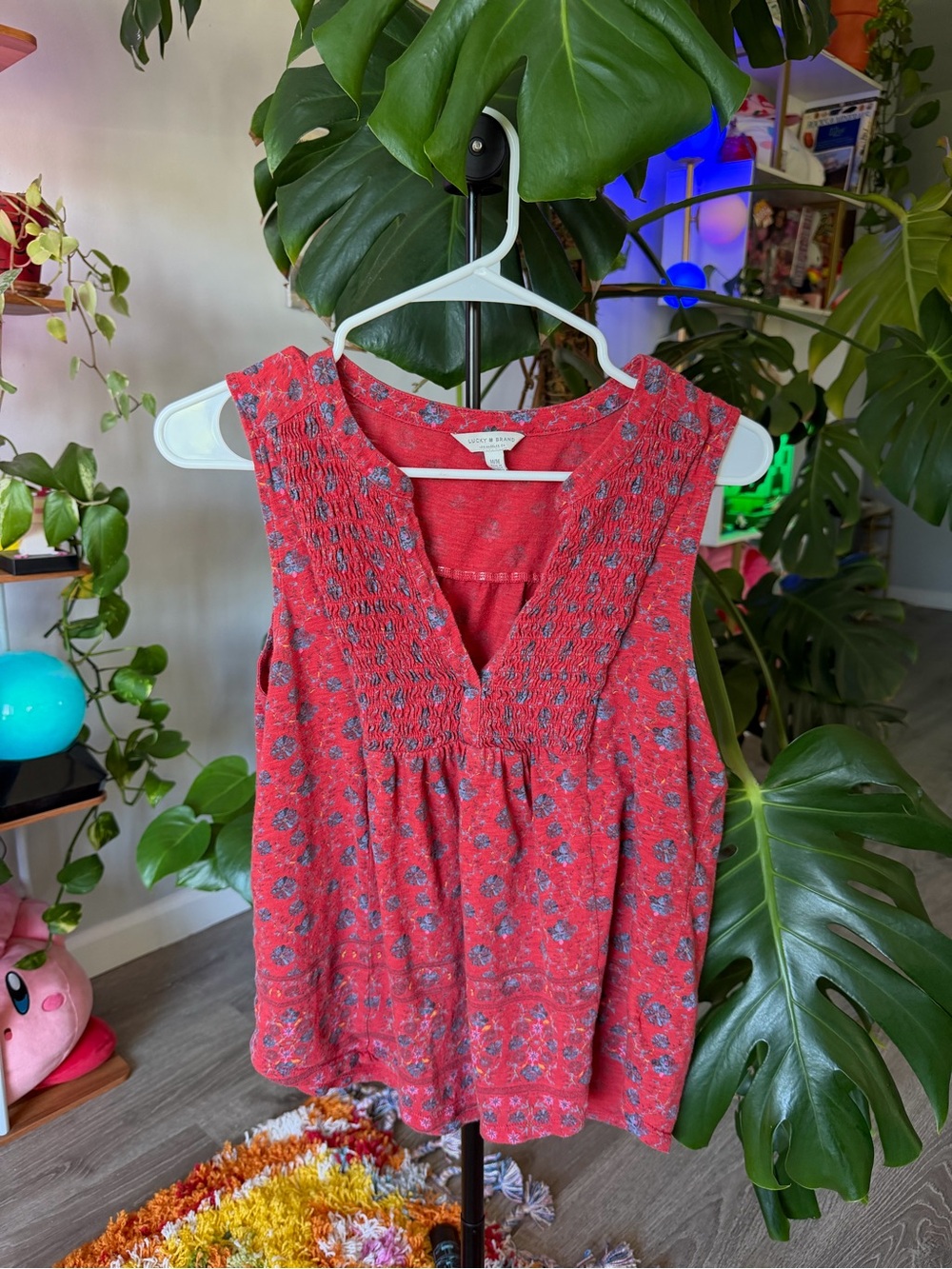 Lucky Brand red floral smocked v neck sleeveless top
